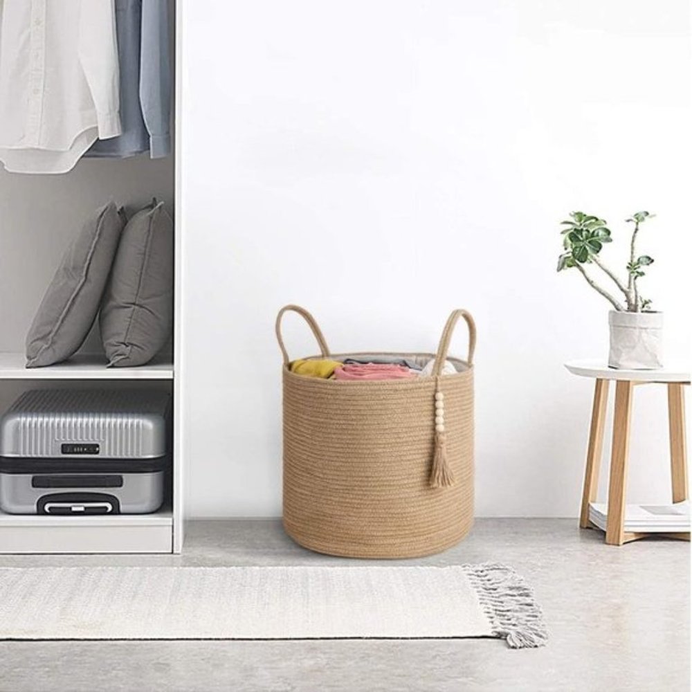 Urban Outfitters Decorative Wooden Bead Natural Rope Woven Storage Basket - Picture 5 of 10